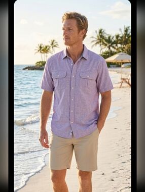 Tommy Bahama Light Purple Linen Cotton Blend Short Sleeve Button Up Shirt Sz XL